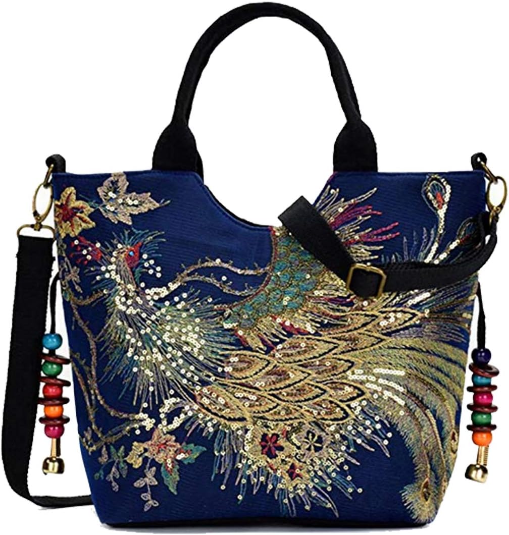 Women Vintage Sequins Peacock Handbag - Ethnic Embroidery with Pendants