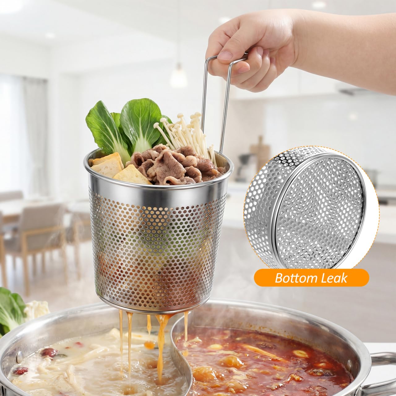 Hemoton Panier à pâtes pliable en acier inoxydable avec poignée, panier à pâtes Hotpot Accessoires Passoire de cuisine pour pâtes, boulettes, légumes et fritures, (diamètre 13 cm)