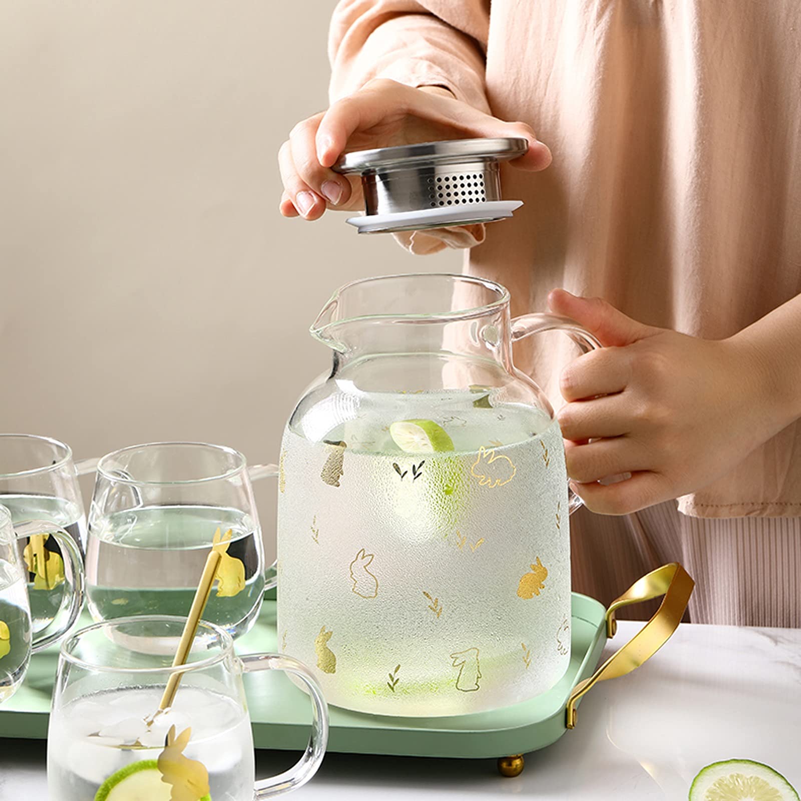 Jarra Agua Fria Jarra de vidrio de borosilicato con tapa de acero inoxidable CAPACIDAD FRÍA CARAFA FRÍA Tetera linda para jugo, leche, bebidas calientes y frías Jarra Agua Detox Frutas ( Color : A )