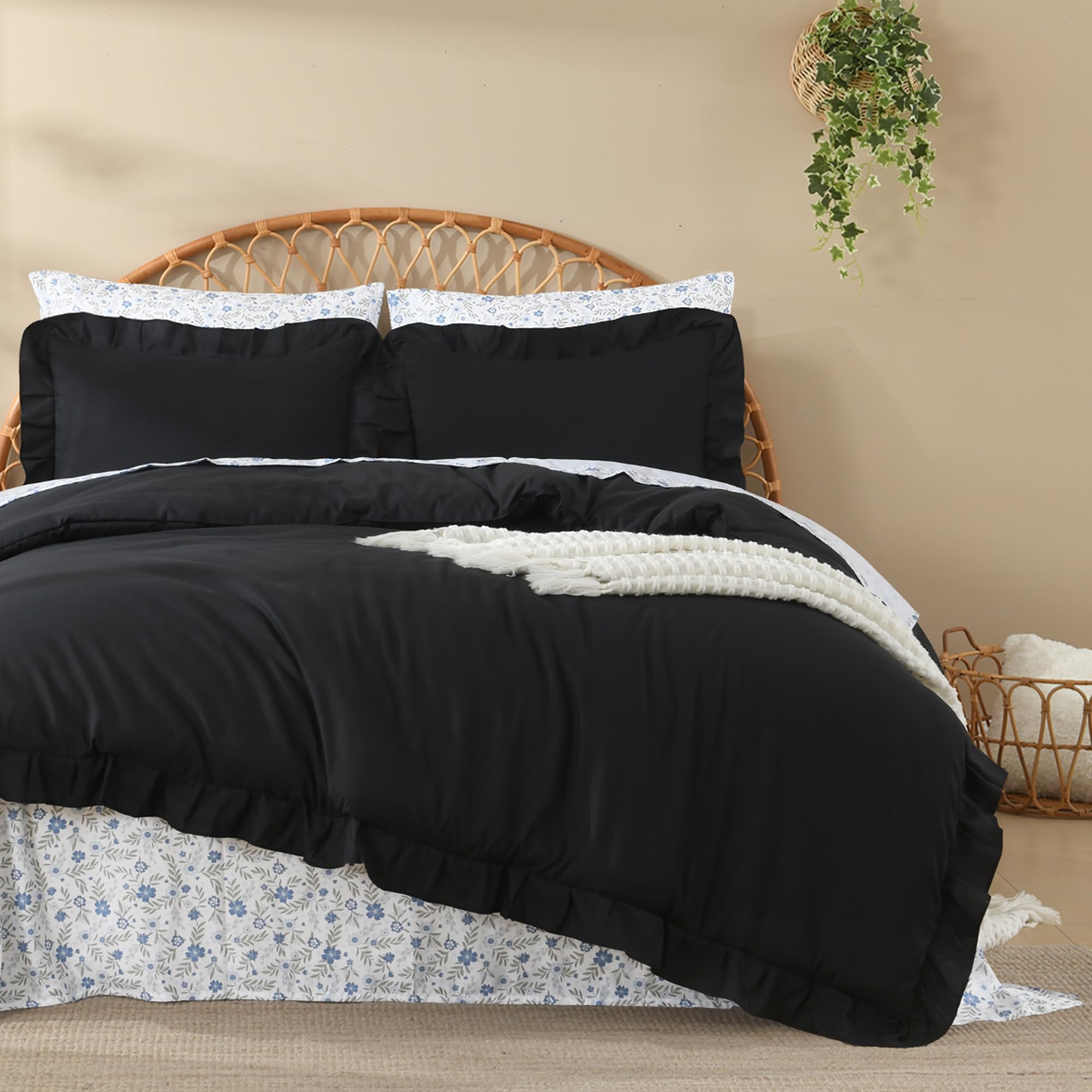 Litanika Black Ruffled Comforter Set - Floral Sheets -6