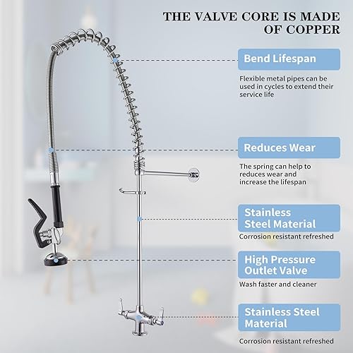 Miniatura 5 de Grifo de fregadero comercial con rociador de 39 pulgadas de altura, montaje en cubierta, un solo agujero, doble mango, resorte en espiral, rociador,