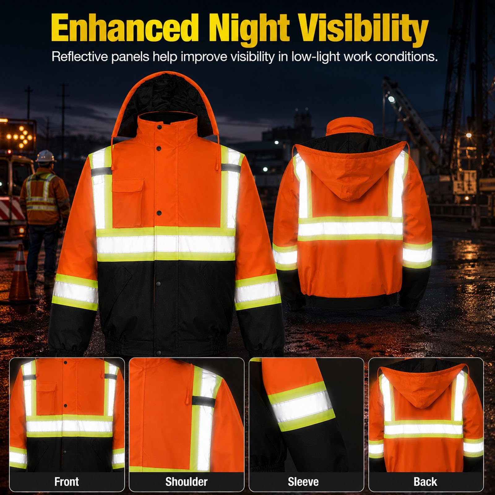 Chaqueta Impermeable De Alta Visibilidad Con Capucha Y Diseño Reflectante | Abrigo De Trabajo De Seguridad Cortavientos Con Relleno Grueso De Algodón, Tejido Oxford, Bolsillos, PUños(Yellow,L)