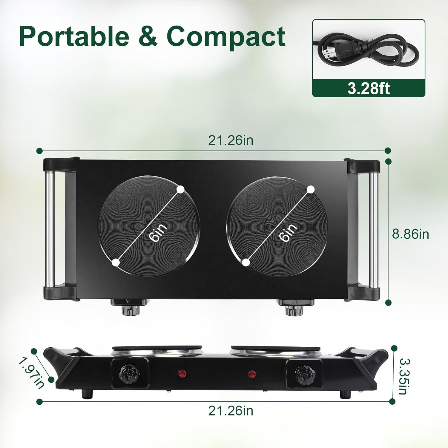 Electric Countertop Double Burner, 2000W Cooktop with Cast Iron Hot Plate & Stay Cool Handles, 5 Level Temperature Control, Easy to Clean, Indicator Lights, Cooking Stove for Office Home Camping RV
