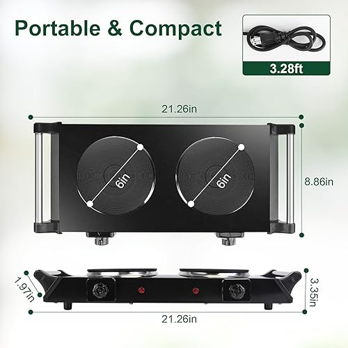 Miniatura 7 de Encimera eléctrica doble quemador, placa de cocina de 2000 W con placa caliente de hierro fundido y asas que se mantienen frescas, control de
