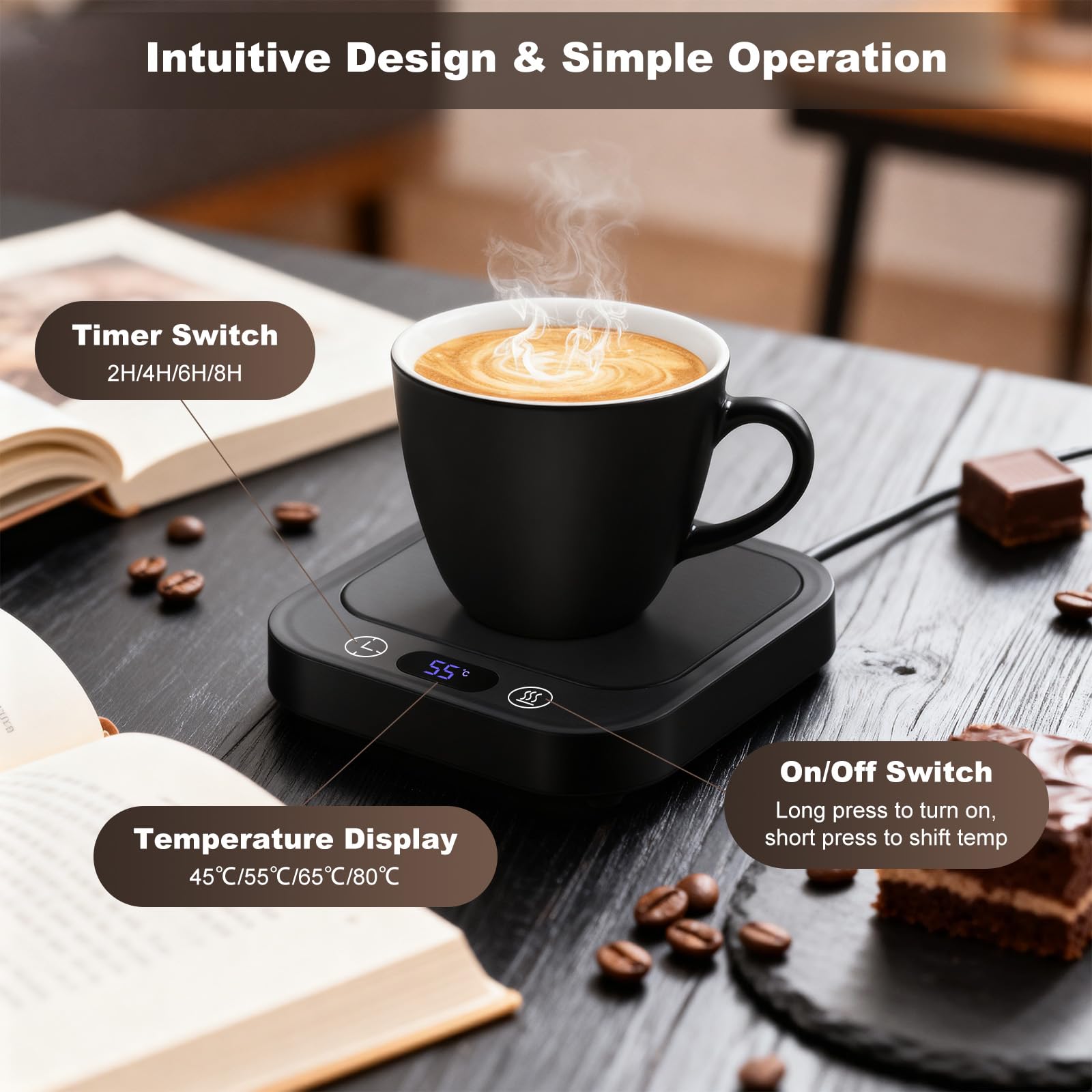 Calentador de Taza de Café con 4 Temperaturas, Apagado Automático 8h para Café, Cacao, Té