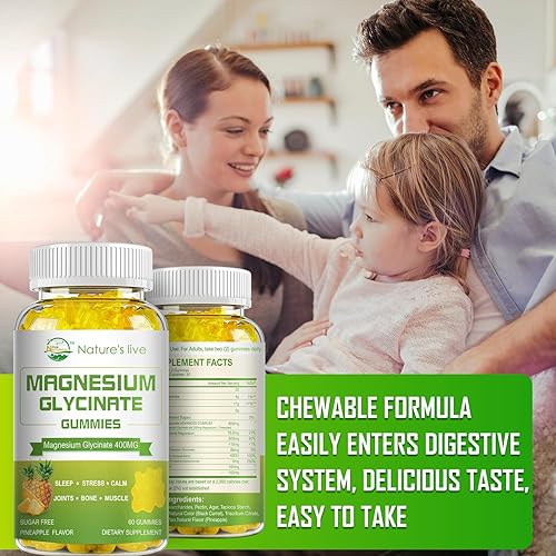 Miniatura 6 de Gomitas de glicinato de magnesio, suplemento de magnesio sin azúcar con glicinato de magnesio 400 mg, L-treonato de magnesio 200 mg para un estado