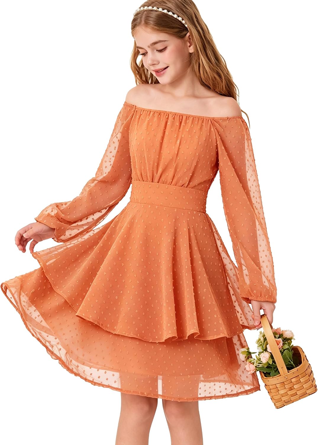 Girls Fall Dresses 2 Ways Wear Convertible Neckline Swiss Dot Party Casual School Midi Dress 6-14 Years