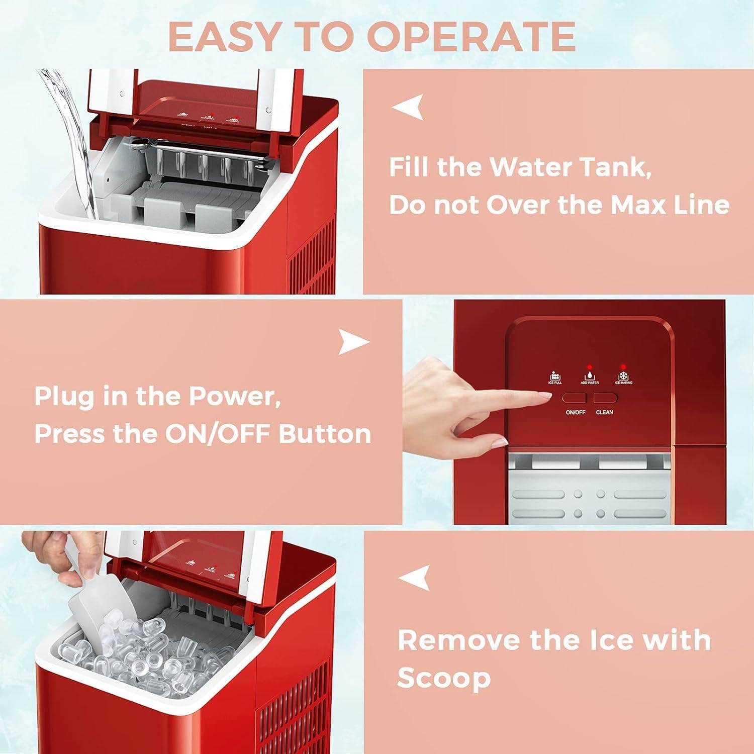 ARLIME Portable Ice Maker Machine for Countertop, Ready in 8 Mins, 26LBS/24H, Electric Ice Maker with Scoop and Basket for Home, Office, Party, Bar (Red)