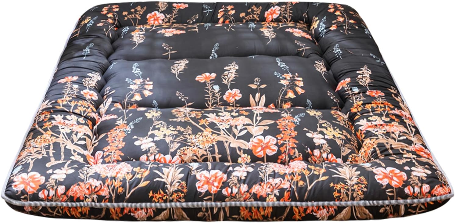 Black Floral Japanese Futon Floor Mattress, Mattress Topper Portable Thick Sleeping Pad Floor Mat Roll Up Camping Mattress Folding Couch Mattress Pad for Guest Room, Twin Size