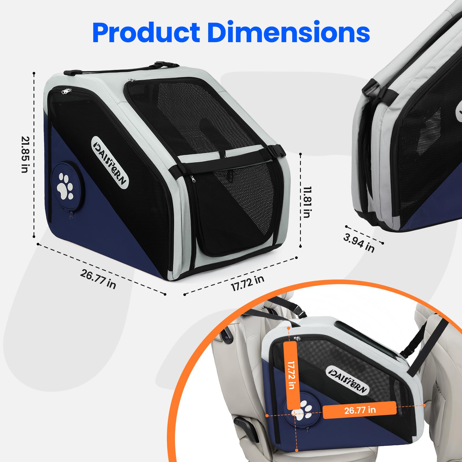 Faltbare Hunde Transportbox für Auto & Reisen, Tragbare Softbox für kleine & mittelgroße Hunde, 1-Minuten-Schnellfold, Robustes Metallgestell, Atmungsaktive Netzfenster & Komfortzugang, Blau