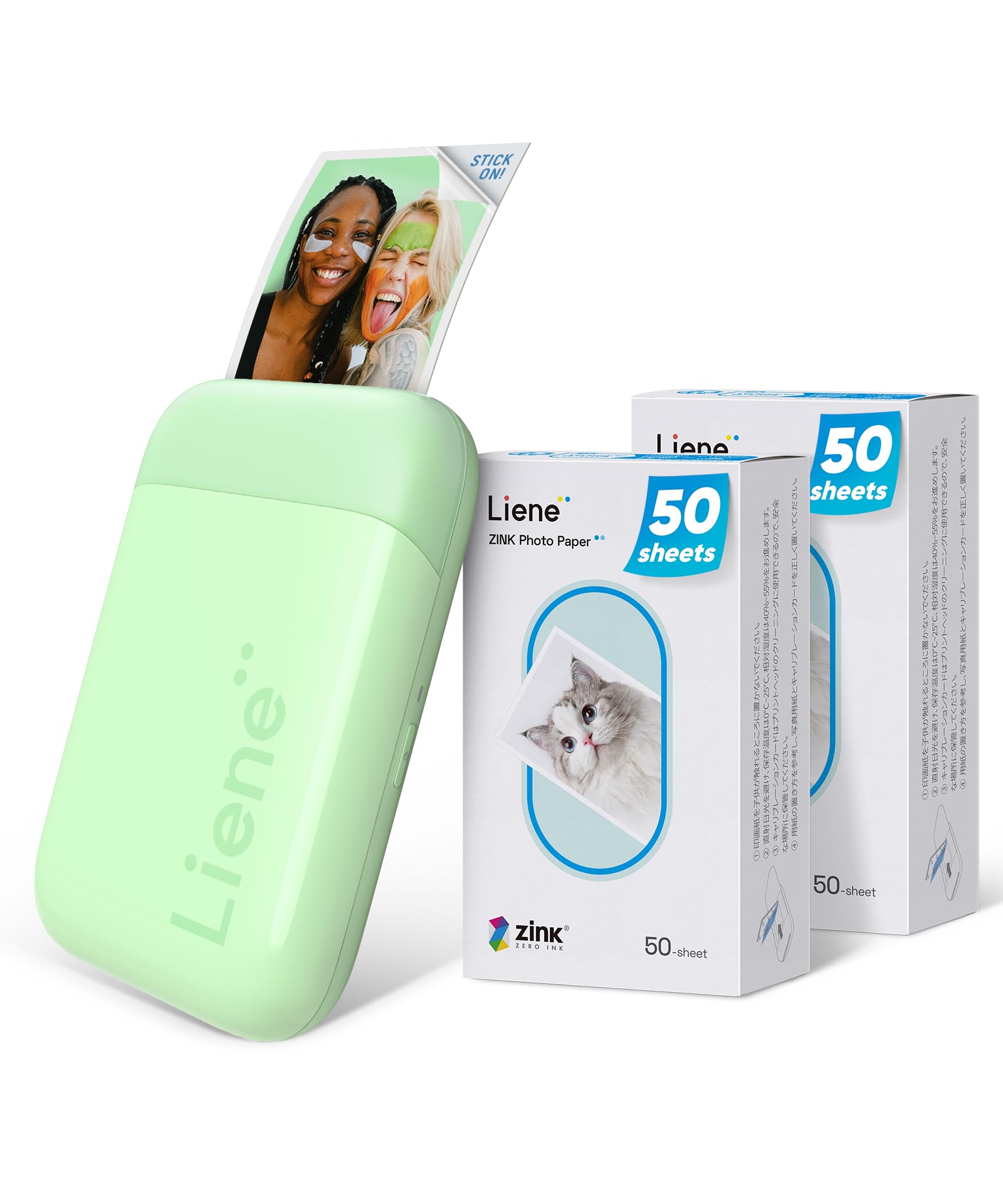 Liene Pearl K100 Fotodrucker-Set Grün Mini Drucker für Smartphone 5x7,6cm 100 Blatt Zink-Fotopapier 300 DPI Bluetooth