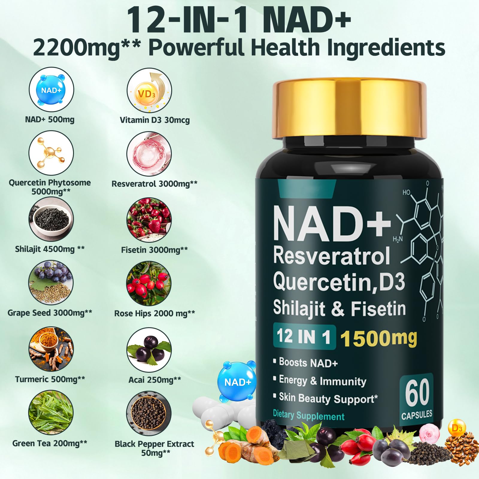 Dr.HR NAD+ Resveratrol Vitamin D3 Quercetin & Fisetin, Anti Aging NAD Supplements 1500mg for Women & Men Support Energy Skin Health Vitality & Immunity 60 Capsules — Amazon image 2