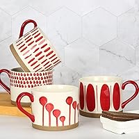 Vista 7 de Koja Juego de tazas de cerámica de porcelana pintadas a mano de 15 oz. Servicio para 4. (pintado a mano - rojo)