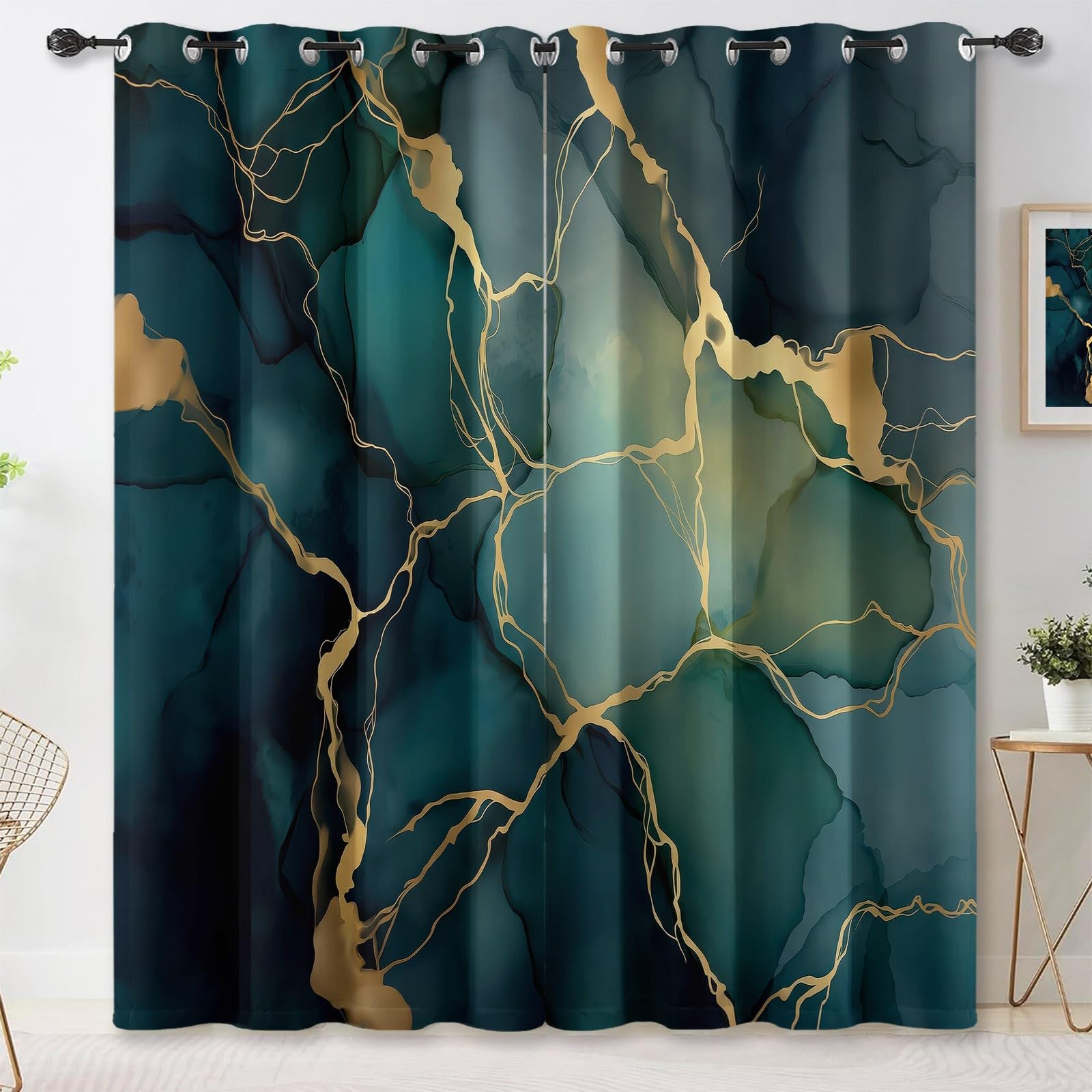 Rideau occultant abstrait moderne marbre rayures dorées 2pc