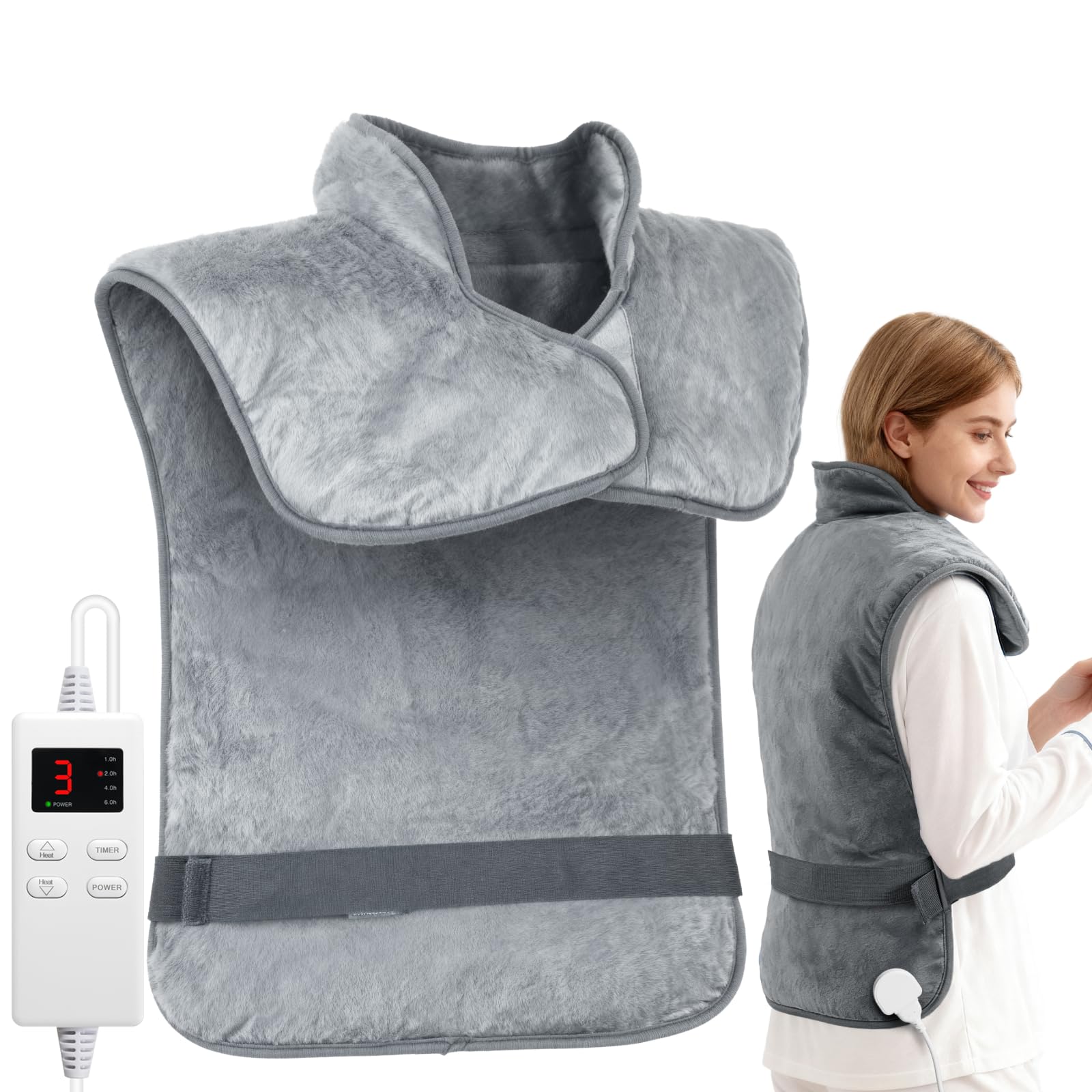 Almohadilla térmica pesada para mujer, envoltura eléctrica de 24 x 33 pulgadas para aliviar el dolor de espalda, cuello y hombros, calor húmedo/seco, ajuste ajustable, regalo para calambres y