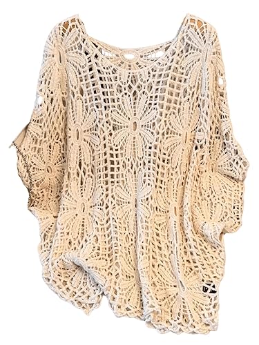 MakeMeChic Women's Plus Size Boho Tops Crochet Sweater Dolman Sleeve