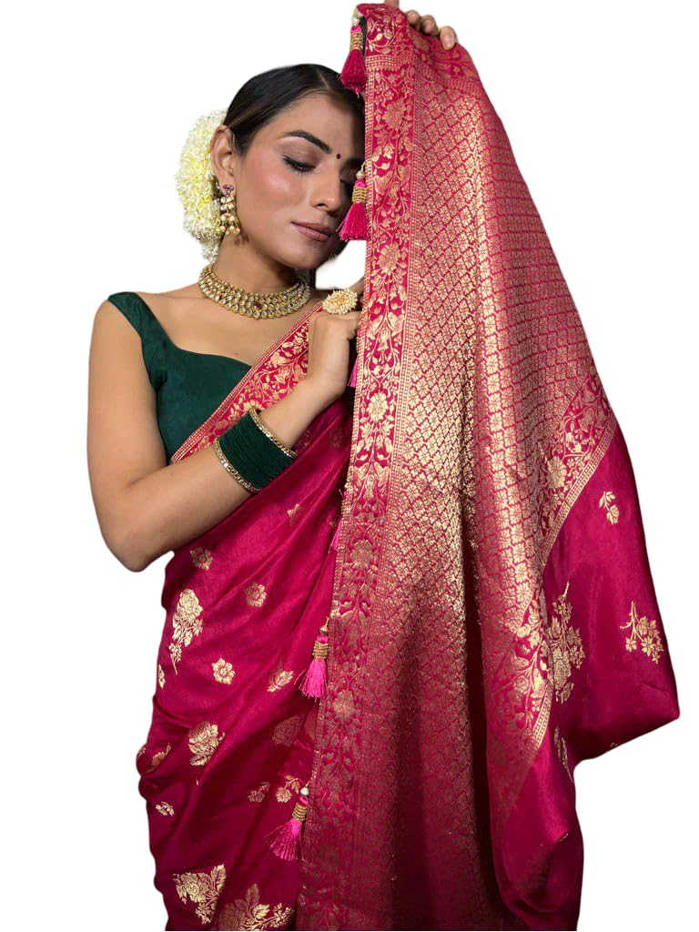 Flosive Women's Kanjivaram Silk Saree With Weaving Work With Blouse Piece And Zari Border (Rani Pink)