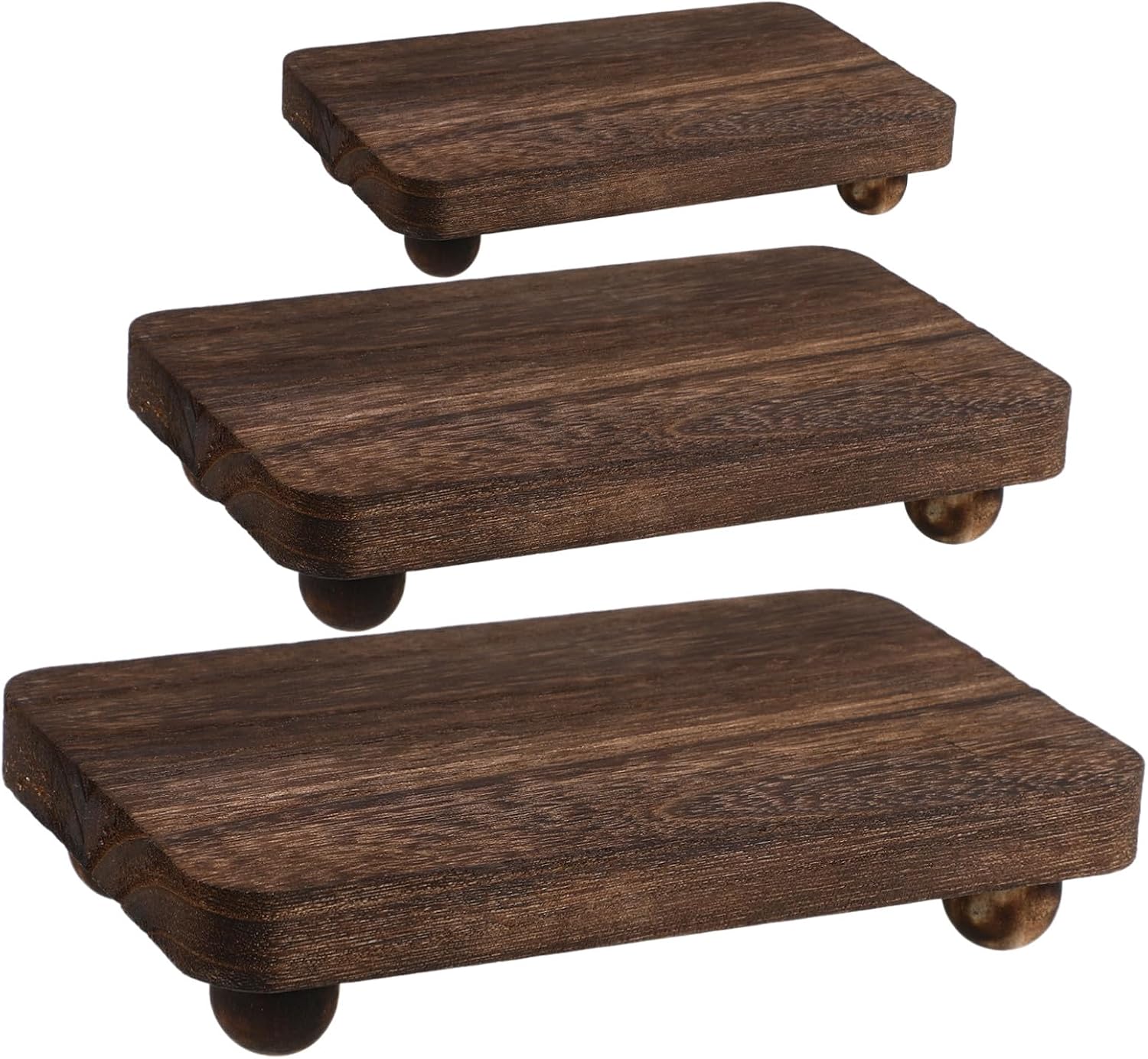 3pcs Wooden Display Stands for Bathroom or Kitchen Counter, Stackable Rectangular Pedestal Risers for Candles and Jewelry, Rustic Brown Wood Organizer for Vendor Events or Home