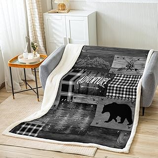 Deer Bear Throw Blanket,Wild Animals Blankets Black Grey Rustic Wood Plaid Patchwork Fleece Blanket for Kids Boys Girls Adult Room Decor,Hunting Adventure Sherpa Blanket,for Chair/Sofa,30