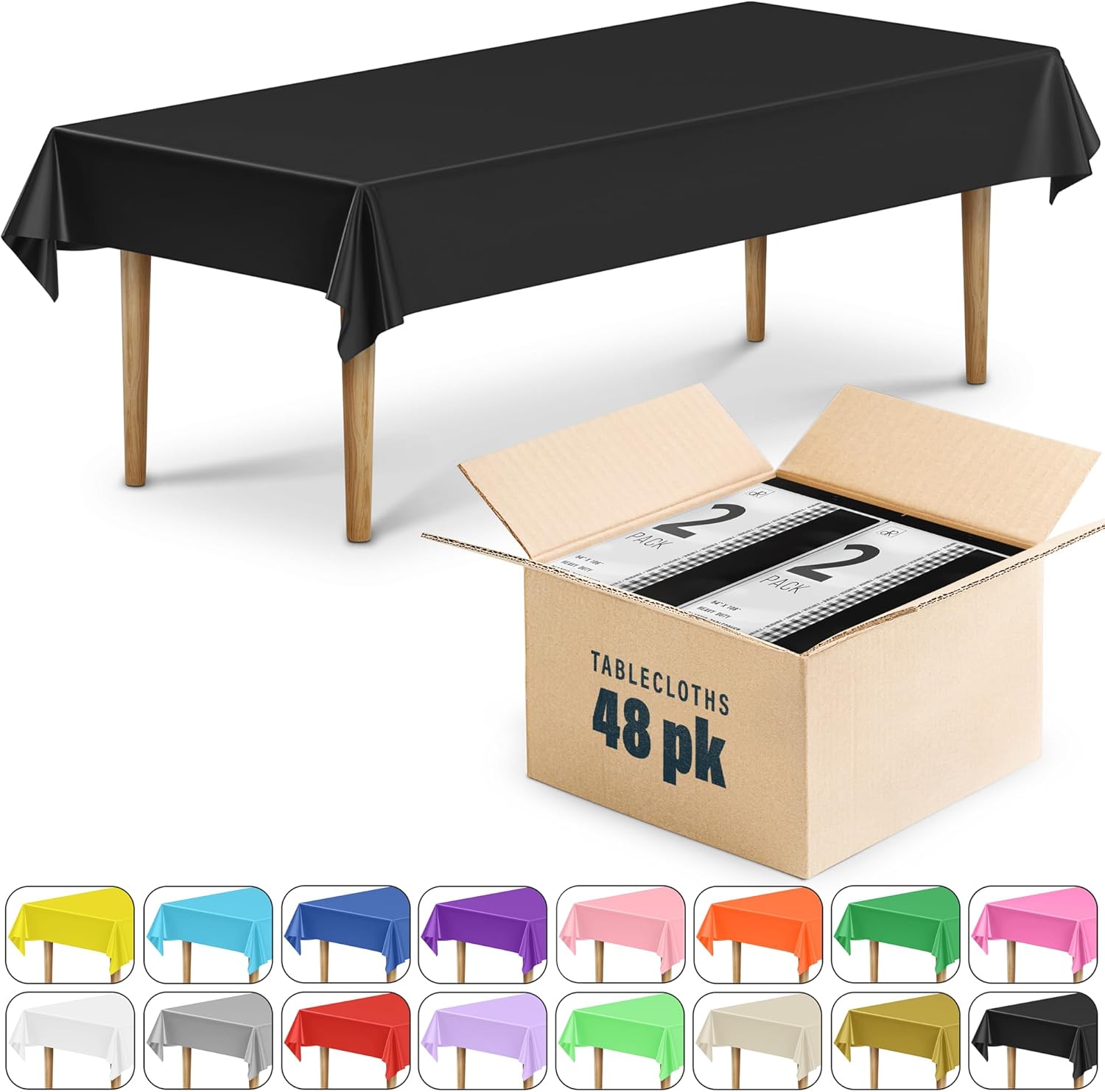 DecorRack 48 Pack Rectangular Tablecloths BPA-Free Plastic, 54 x 108 inch, Dining Table Cover Cloth for Parties, Picnic, Camping and Outdoor, Disposable or Reusable in Black (48 Pack)