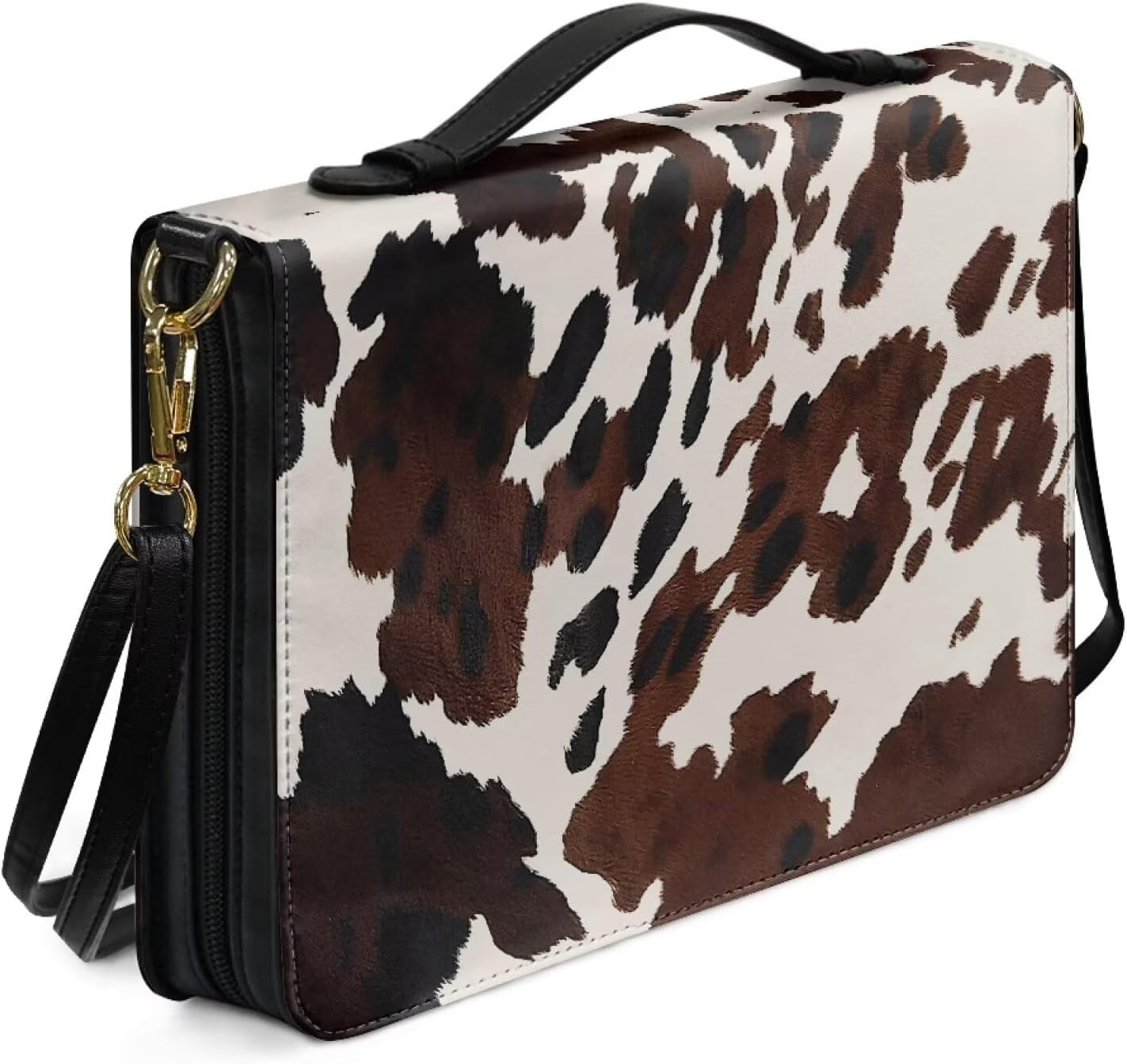 Suobstales Brown Cow Print Bible Covers with Shoulder Strap PU Leather Durable Bible Case for Women Men Bible Bag Tote Book Carrying Case Christian Bible Accessories with Handle, 2XL