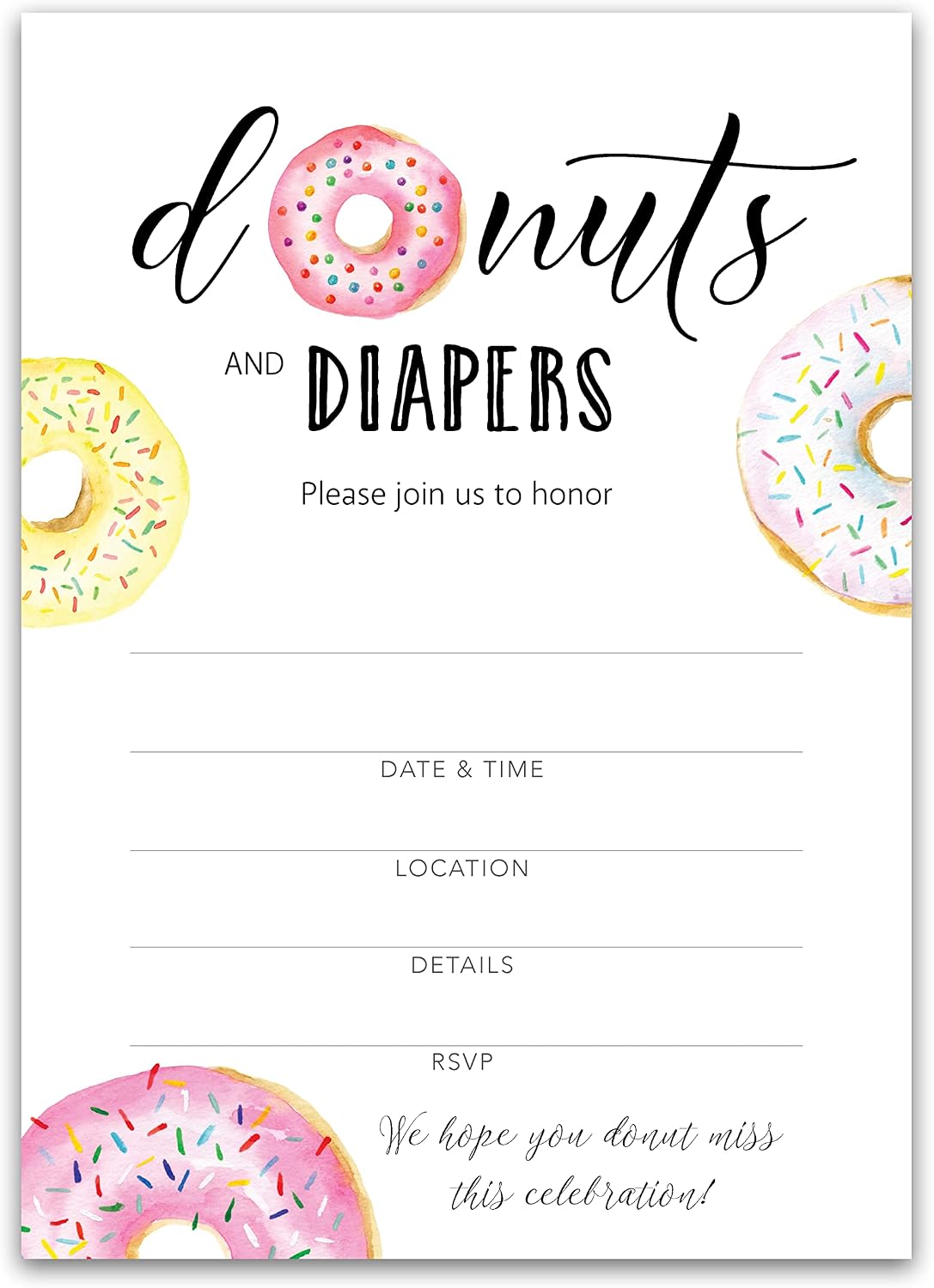 Donut and Diapers Sprinkle Invitation — Pack of 25 — Girl Baby Shower Invitations, Pink Donut Shower Theme, Donut Baby Shower Invites for Couples Coed Shower, Donuts Blank fill-in Invites I850-INV4