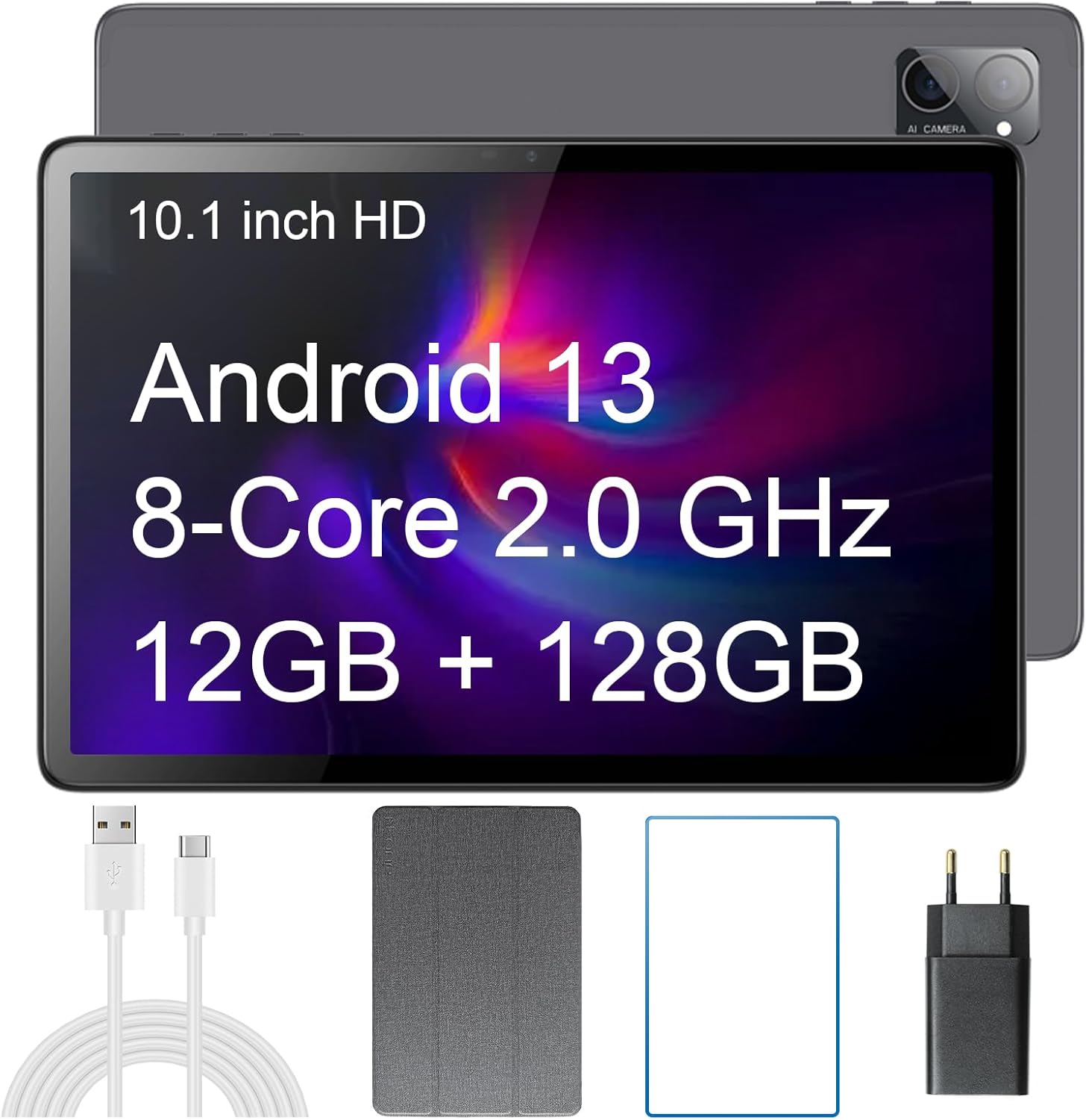 N-one NPad Q2 Android Tablet with included accessories: Type-C cable, charger, protective case, and screen protector.