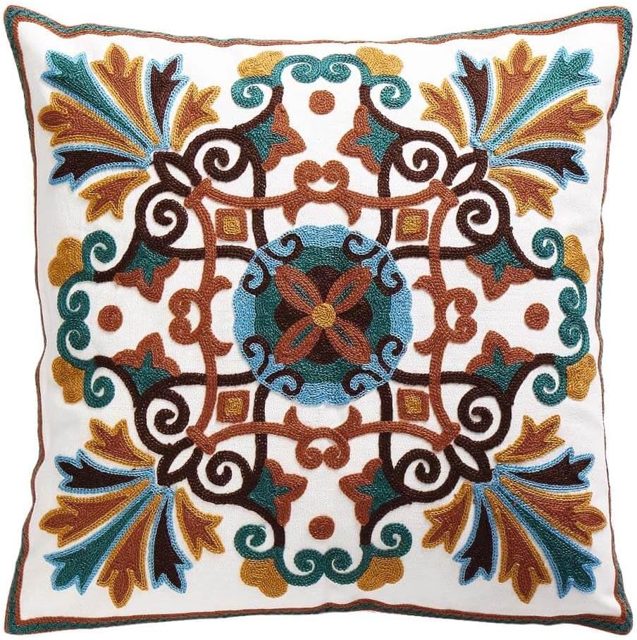 Decorative Throw Pillows Cover 18x18inch Pack of 1 Embroidered Pattern 100% Cotton Couch Pillow Covers for Living Room Sofa Chair
