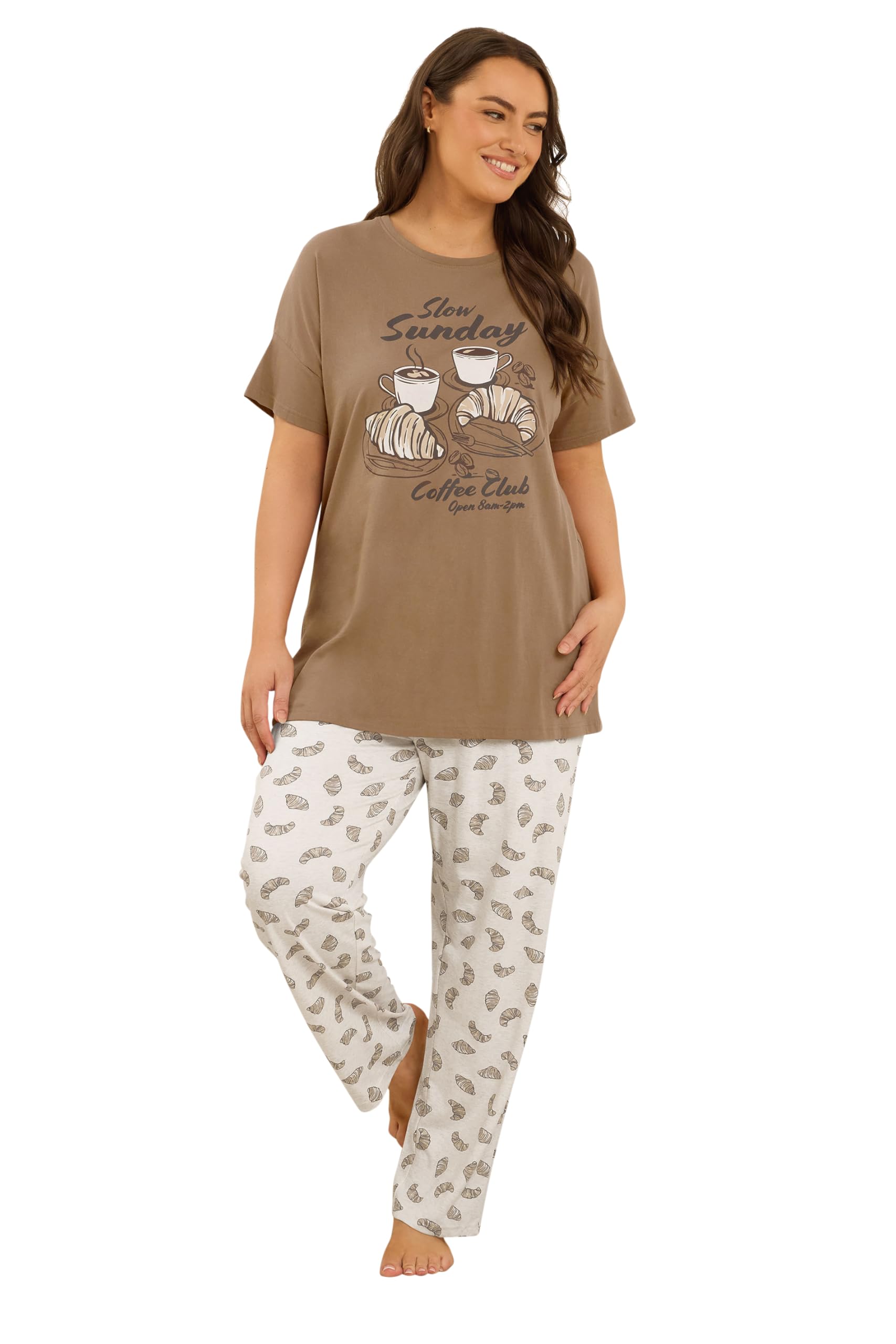 Yours Women's Brown 'Coffee Club' Wide Leg Pyjama Set In | Size: 22/24