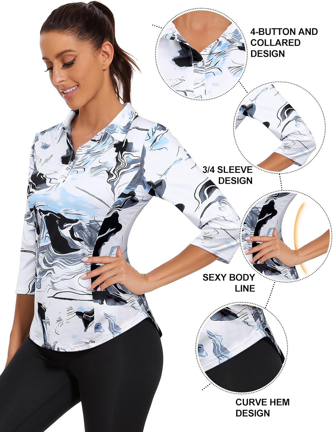 Zamowoty Women's 3/4 Sleeve Golf Tennis Polo Shirts 4-Button Dry Fit Workout Tops Athletic Shirt UPF50+ - Image 3