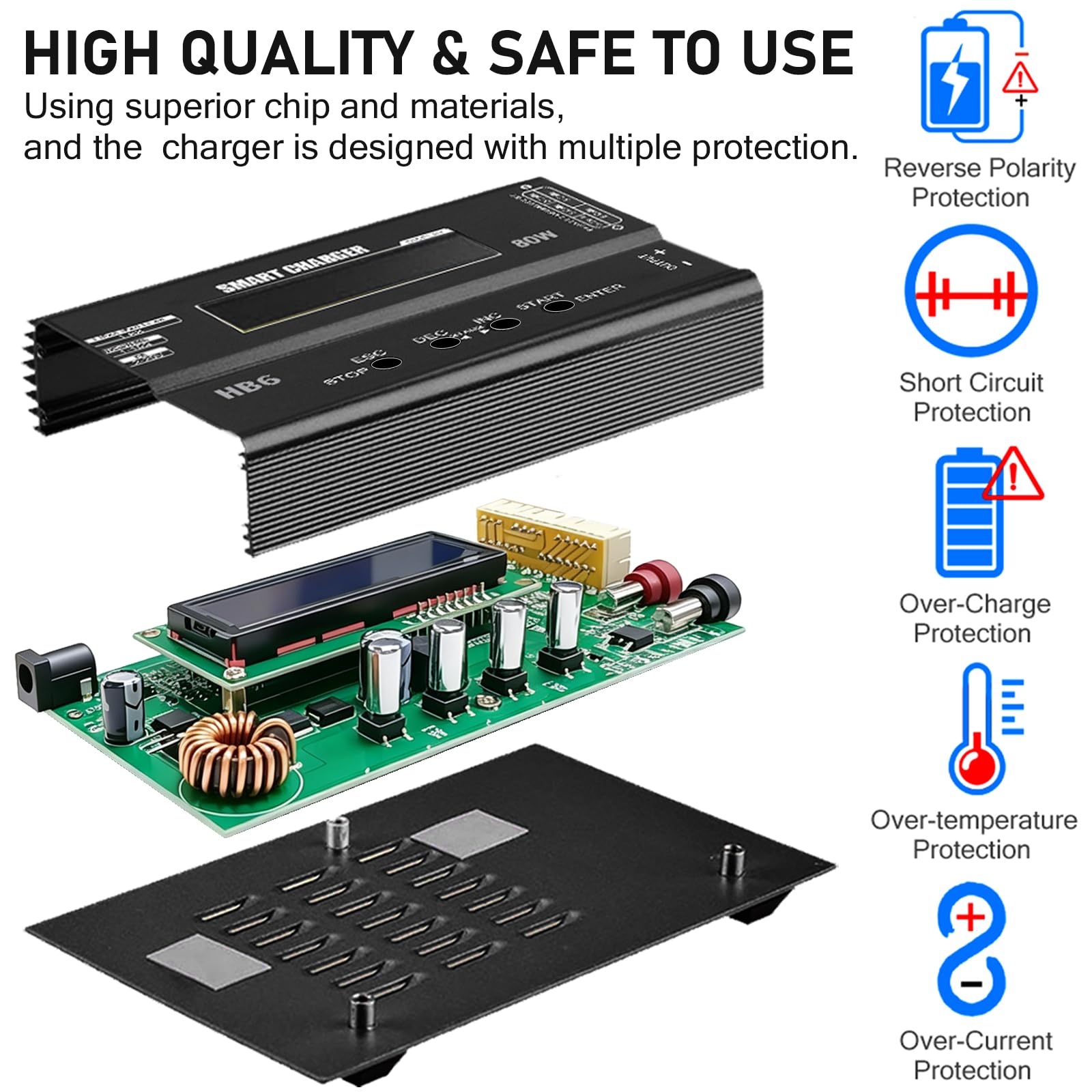 HTRC LiPo ładowarka 80 W 6 A RC ładowarka z balansem, AC/DC i | Do LiPo/Li-Ion/LiFe 1-6S, NiMH/NiCd 1-15S, Pb 2-20V; kabel 8 w 1: XT60, EC3, Deans, Tamiya, Tamiya Mini, JST, FUTABA, TRX