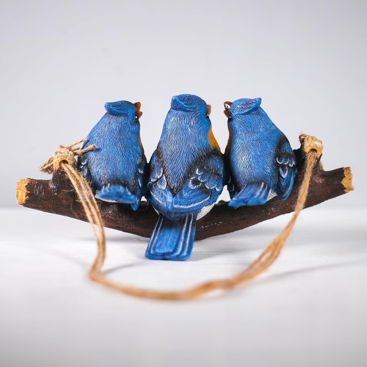 Decorative Hanging Bird Ornament, Three Blue Birds on Branch, Garden Outdoor Decor, Hanging Tropical Bird Patio, Lawn, Tree Porch Decor Large Size: 11 inches
