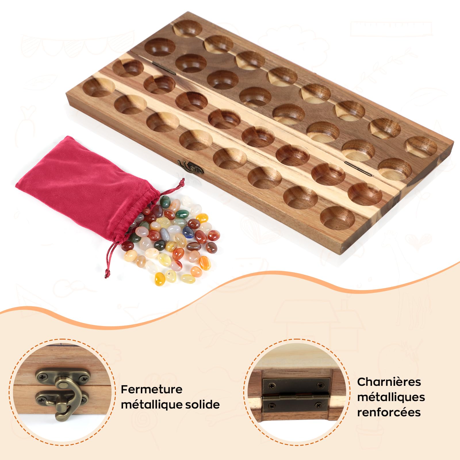 BORISI Mancala Kalaha Jeu de Société en Bois avec Pierres