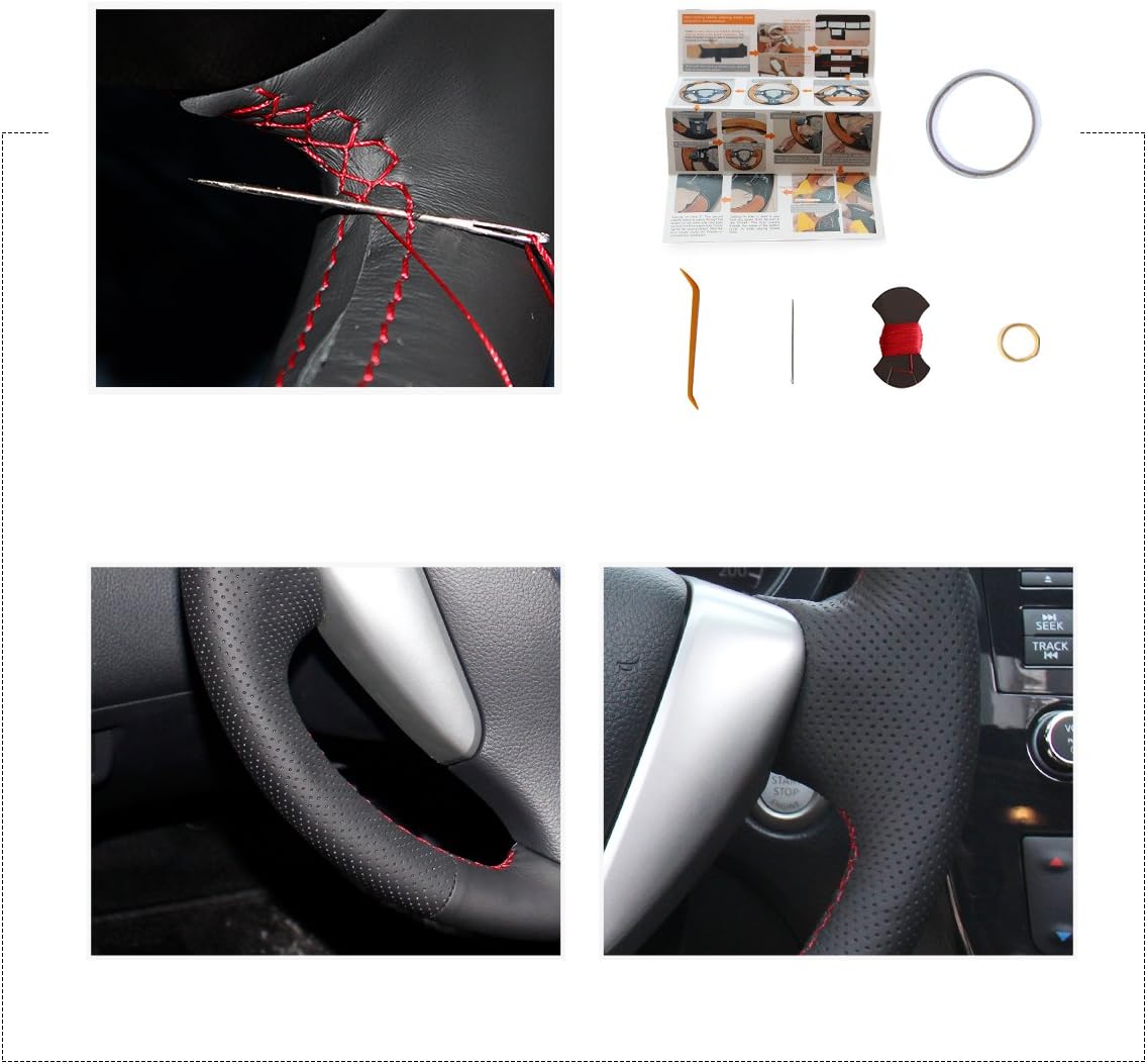 MEWANT Steering Wheel Covers for Nissan Sentra Versa/Versa Note / NV200 Hand-Stitched Black Artificial Leather Steering Wheel Covers Wrap