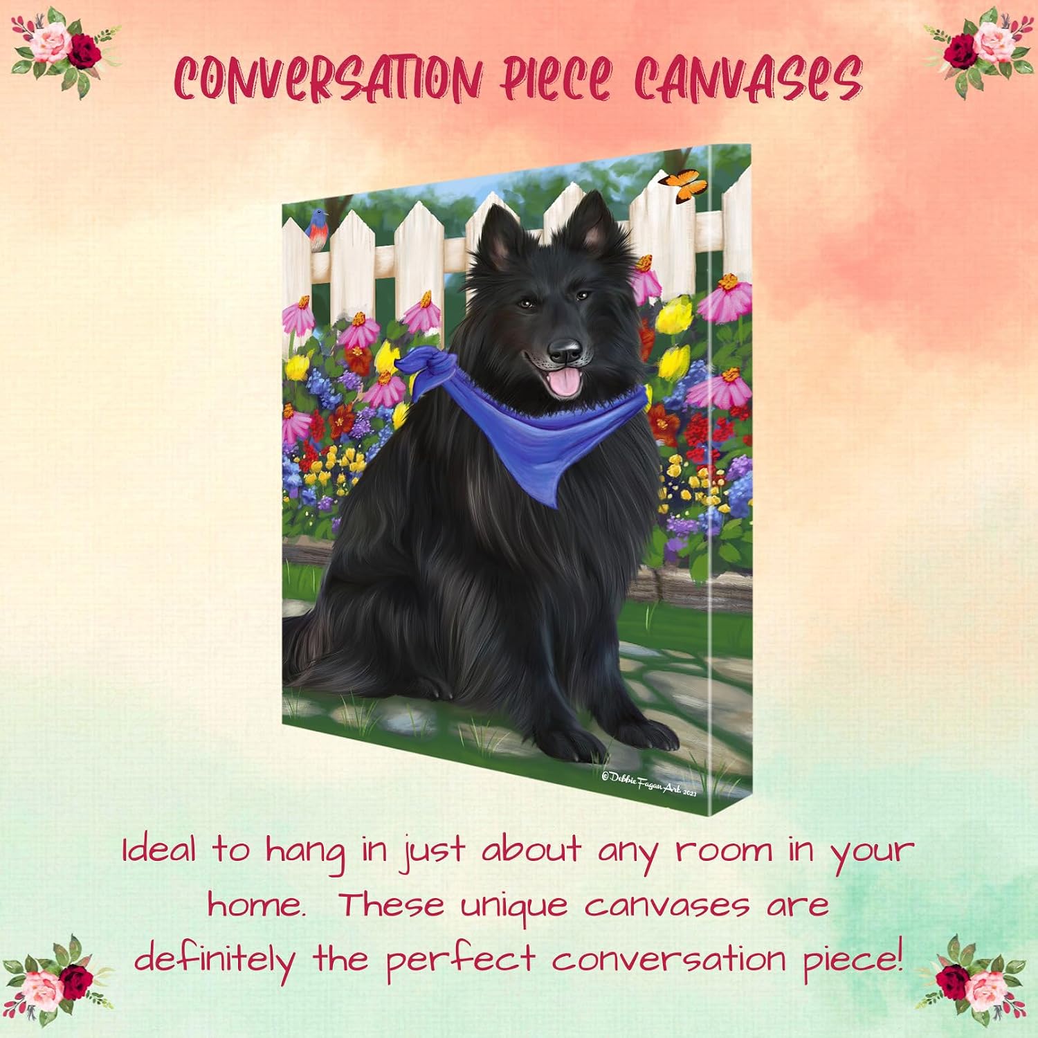 Doggie of the Day Spring Floral with Belgian Shepherd Dogs Canvas Wall Art - Premium Quality Ready to Hang Room Decor - Flat Rolled 8" x 10"