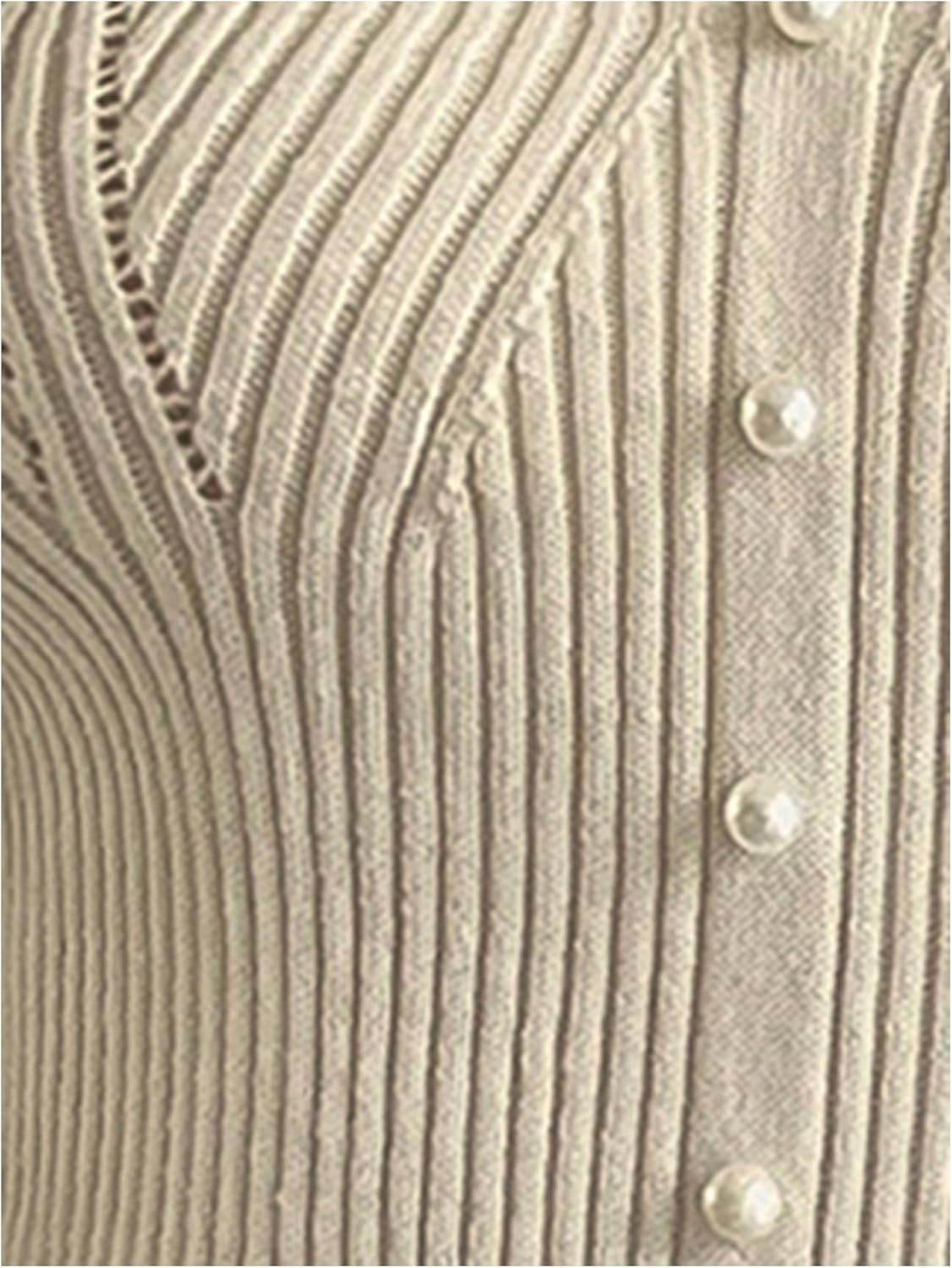 WDIRARA Women's V Neck Lace Long Sleeve Sweater Pearl Beaded Rib Knit Top - Image 6