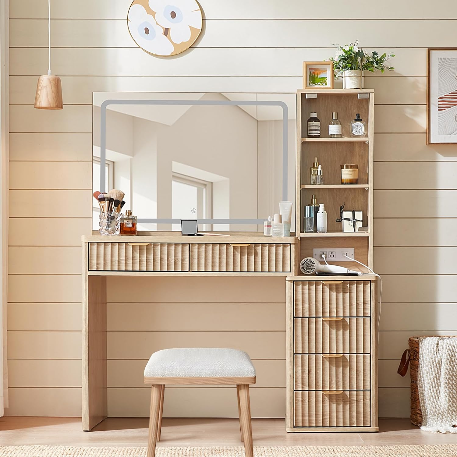 LEYAOYAO Vanity Desk with Mirror and Lights, 43.5'' Fluted Makeup Vanity with 6 Drawers and Adjustable Shelves, Natural Wood Make Up Vanity Dressing Table with Glass Top and Power Outlet for Bedroom