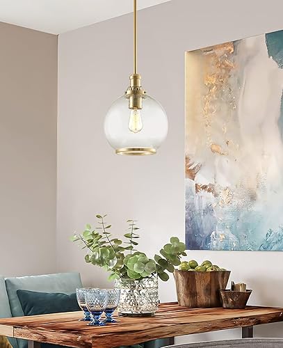 Miniatura 6 de Kira Home Jolie - Lámpara colgante industrial de granja de 14 pulgadas + pantalla de cristal de globo martillado, altura ajustable, acabado de latón