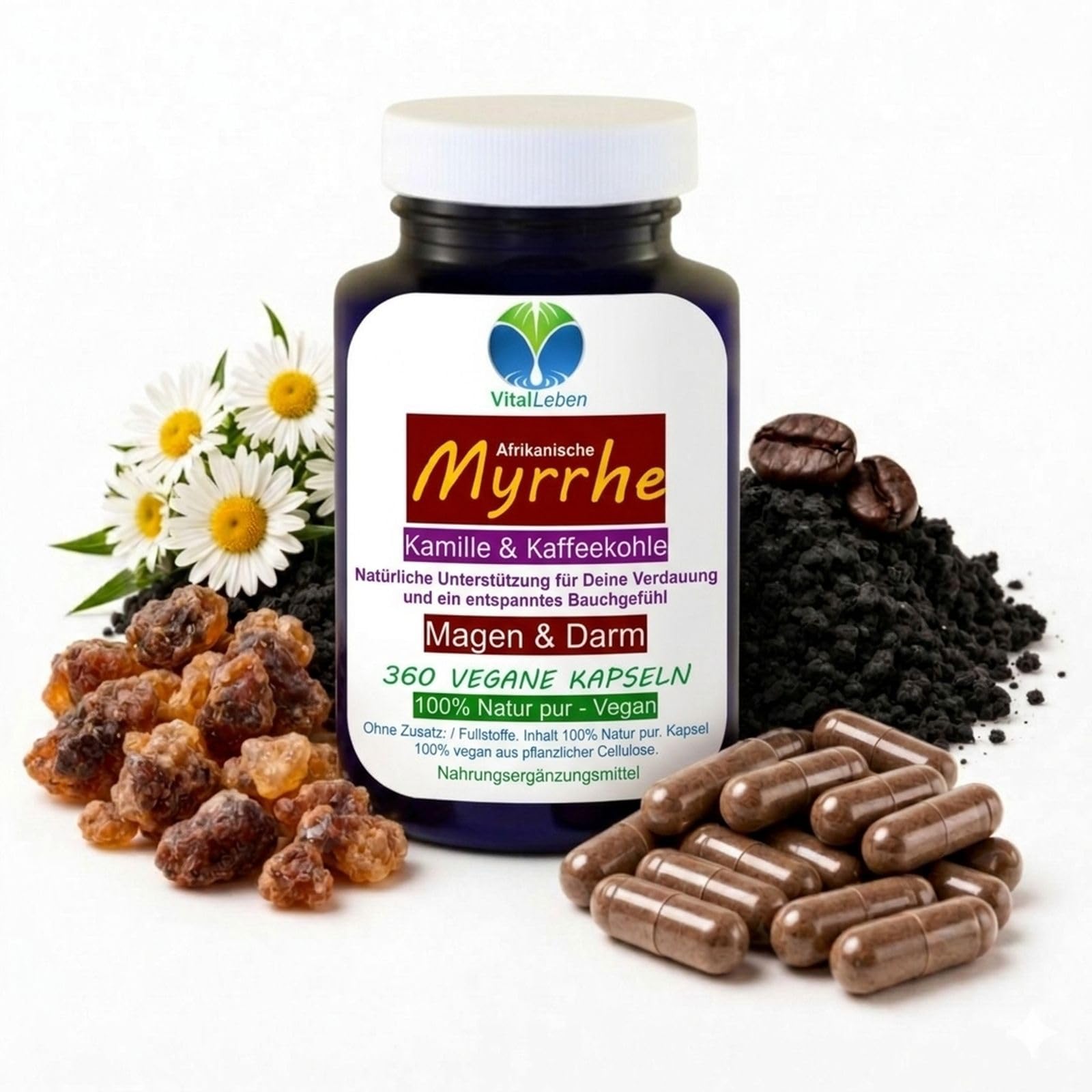 Myrrhe Kamille Kaffeekohle vegan 360 Kapseln für Verdauung, Magen-Darm-Balance, gutes Bauchgefühl, Darmflora, natürliche Darmgesundheit. Pflanzlich, ohne Zusatzstoffe 27415-360