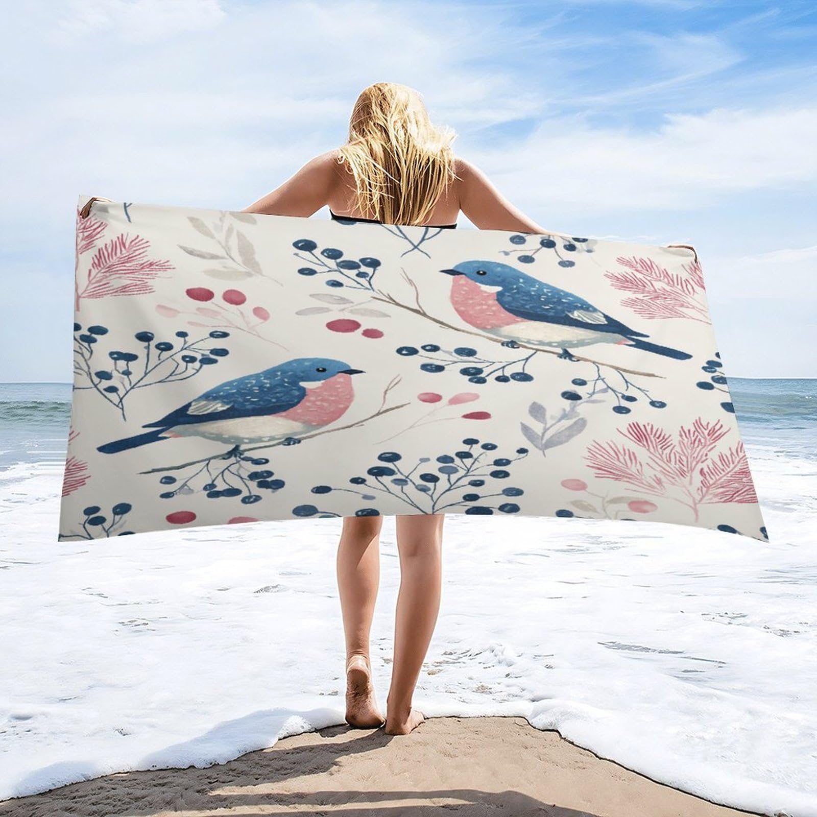 Luyysky Fantasy Rustic Blue Birds Quick-Drying Beach Towel, Classic Cute Japanese Botanical Plant Fruit Blueberries Animals Birds Travel Vacation Single Sided Pile Bathroom Towels-80 W Cm X 160" L Cm