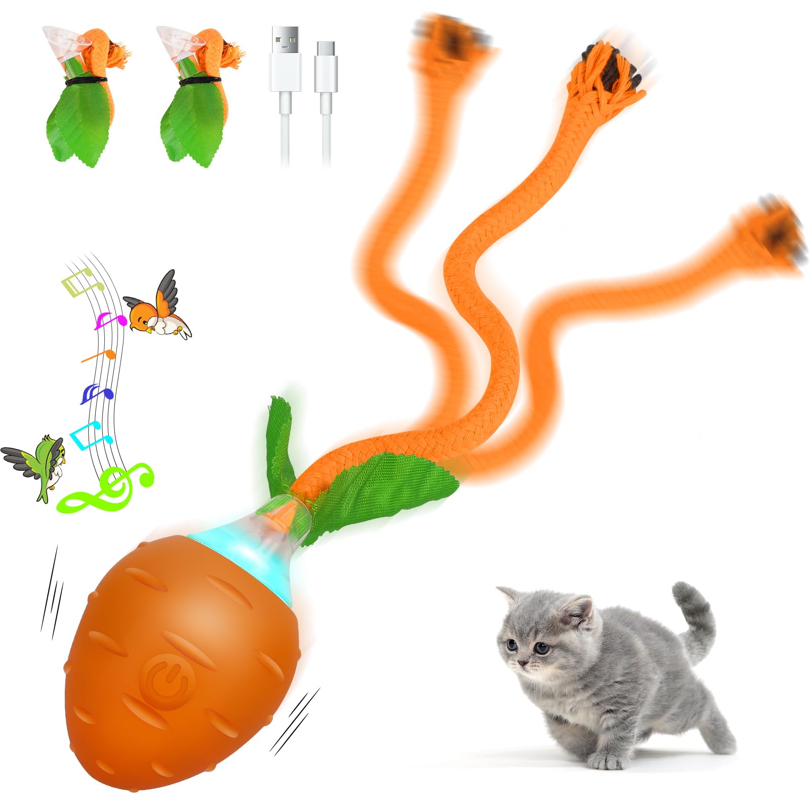 Interactive Cat Toys for Indoor Cats, USB Rechargeable Motion Activate Electric Cat Toy, Automatic Moving Kitten Toy with Tail Teaser/Simulation Bird Singing