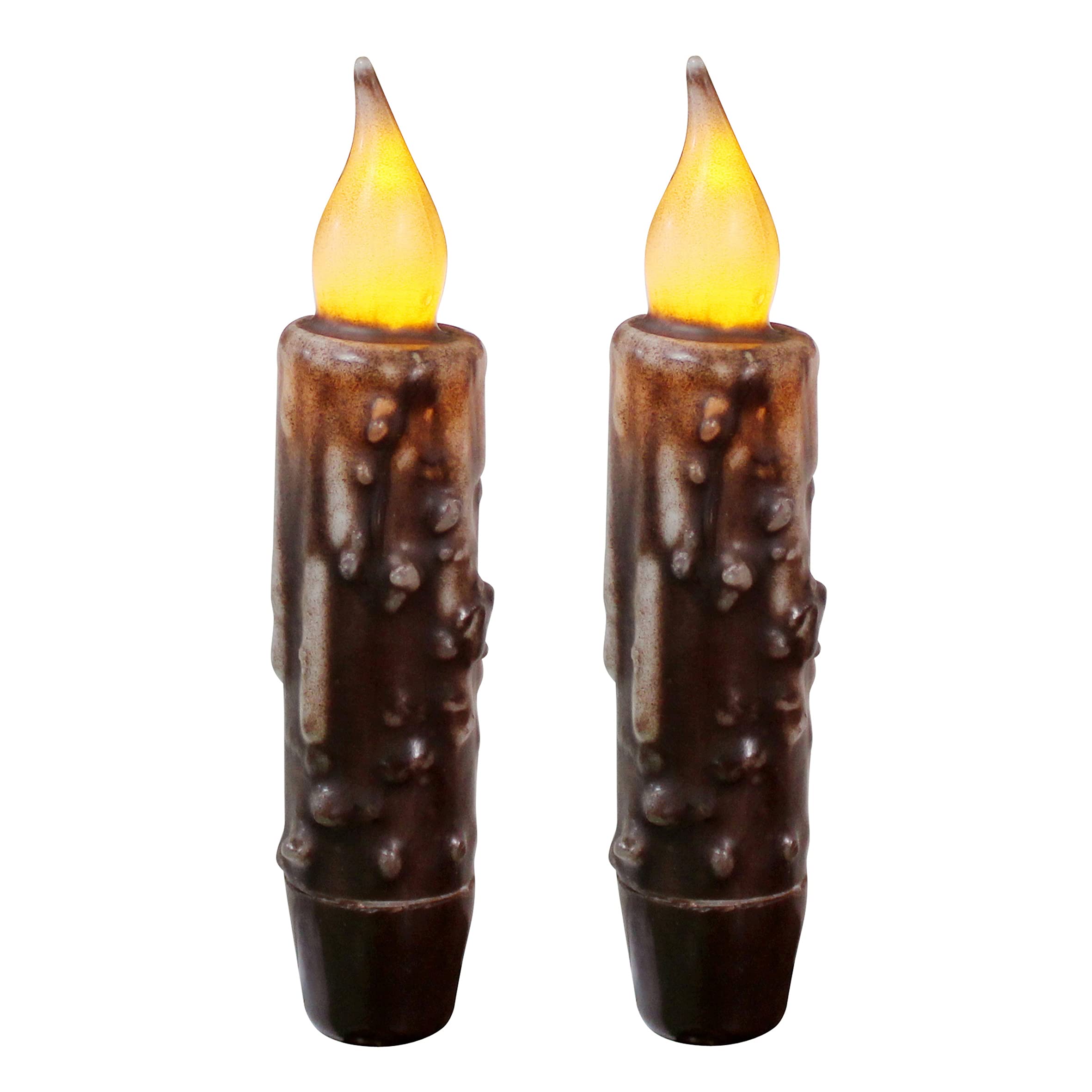 Cvhomedeco. Brown 2 Pcs Real Wax Hand Dipped Battery Operated Led Timer Taper Candles Country Primitive Flameless Lights Décor, 4.75 Inch, Brown, 2 Pcs In A Package