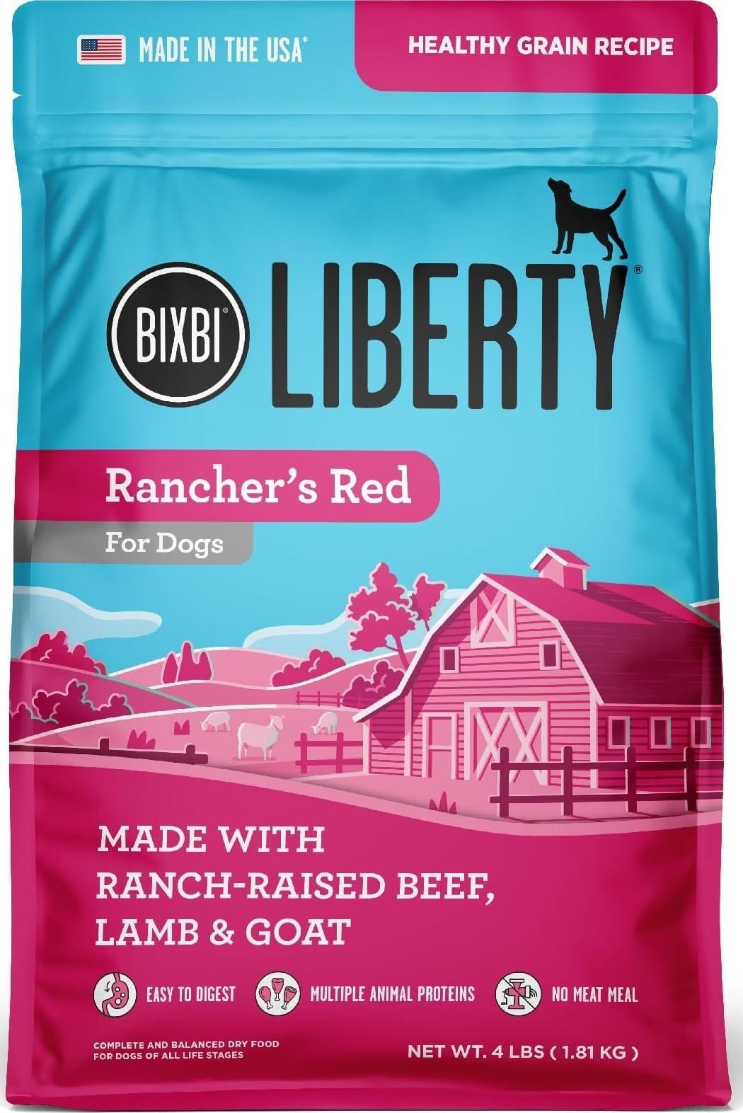 BIXBI Liberty Ancient Grains Dry Dog Food, Rancherโs Red Recipe โ Fresh Meat, High Protein, Wholesome Grains โ USA Made, 4 lbs