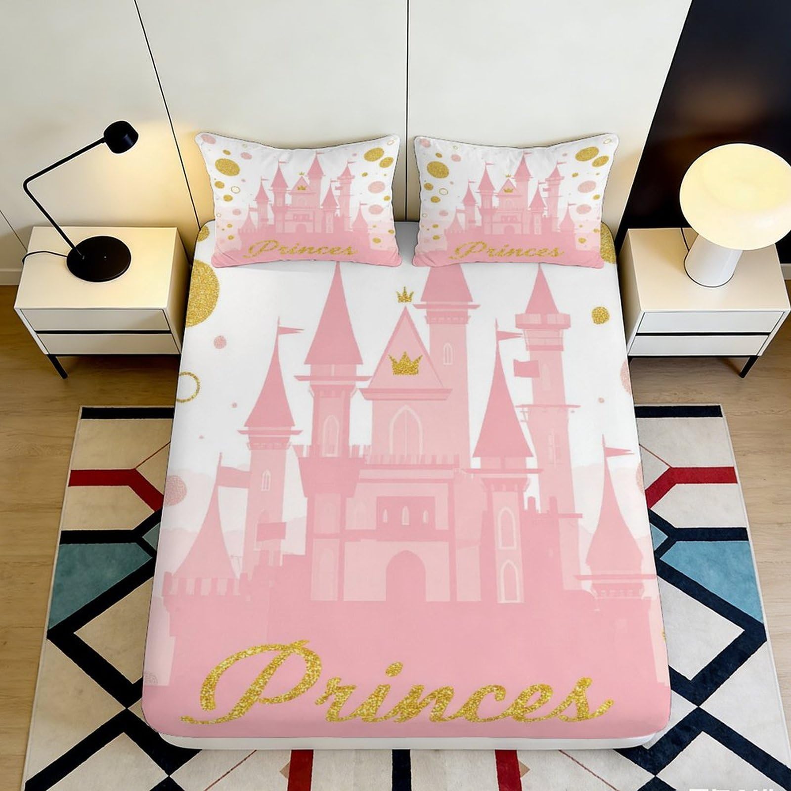 3D Printed Princess Castle Fitted Sheet Microfiber Soft Breathable Pink Gold Bed Cover for Bedroom Dormitory Guest Room Mattress Protection Decor 140x200x25cm