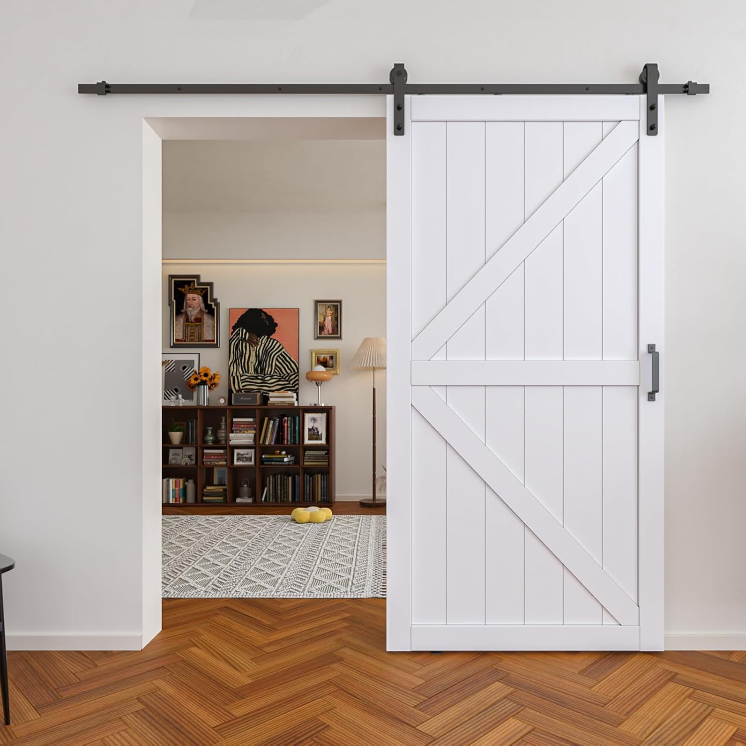 36in x 84in Sliding Barn Door with 6.6 Ft Sliding Door Hardware Kit, Handle, Solid Wood & MDF, Waterproof PVC Surface, Pre-Drilled, Easy to Assemble, V Frame White