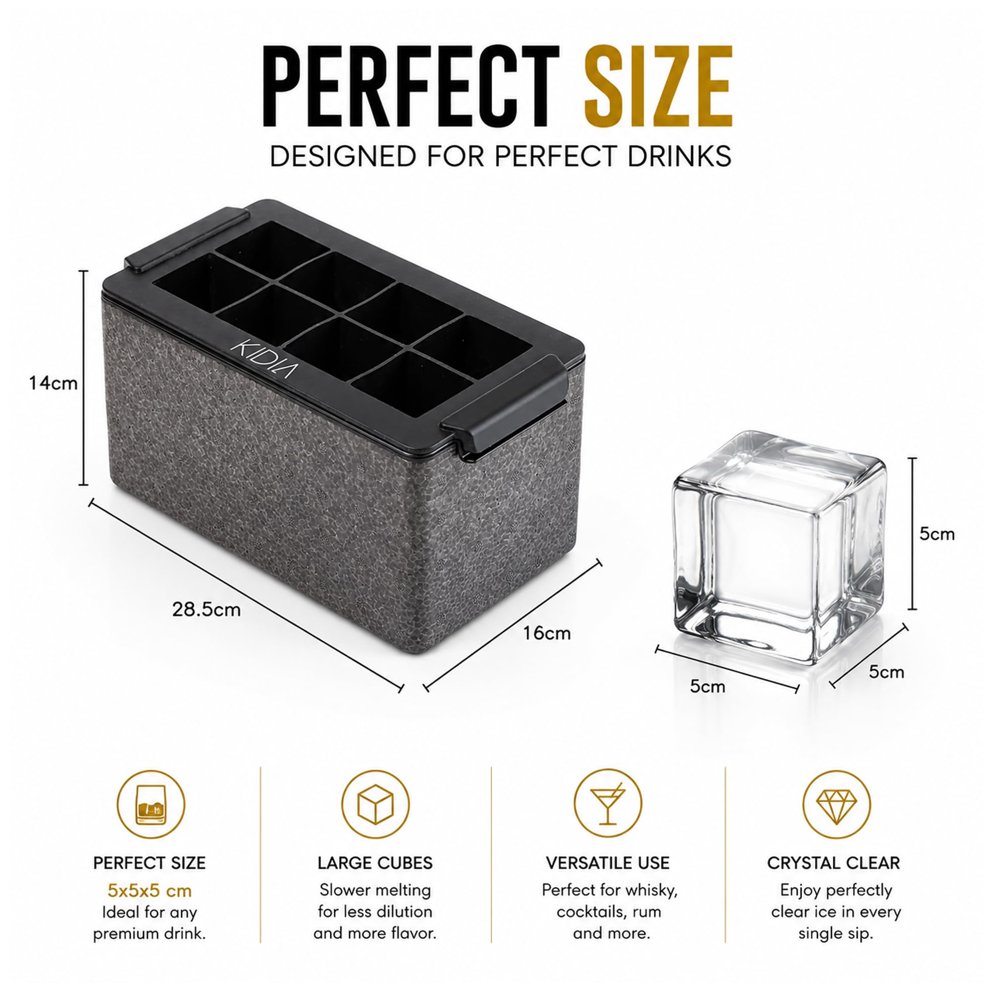 Kidia Ice Clear Cube Maker – Cubos de Hielo Transparente 8× 5x5x5 cm – Congelación Direccional, Silicona Alimentaria, Caja Aislante para Cócteles y Whisky