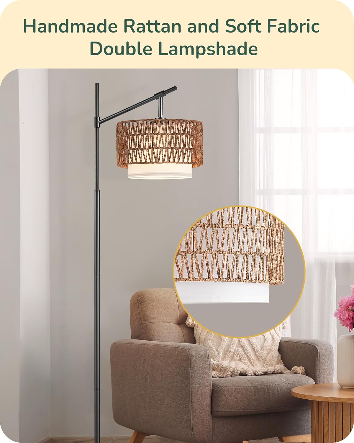 EDISHINE Rattan Floor Lamp with Dimmable Bulb, 5 Color Temperatures, Adjustable Farmhouse Standing Lamp with Remote, Black Floor Lamps for Living Room, Office, Bedroom