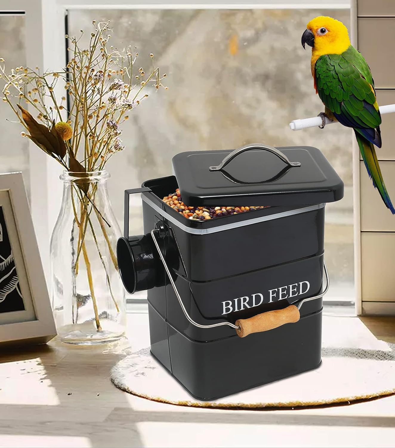 Morezi Bird seed and feed storage tin with lid Included - white-coated carbon steel - tight fitting lids - storage canister tins - Black