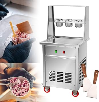 Commercial Fried Ice Cream Maker with wheels,with 13.8"x13.8" Stir-Fried Ice Cream Pans&2 scrapers,Stainless Steel Rolled Ice Cream Maker-Built-in Compressor,with defrost button,square