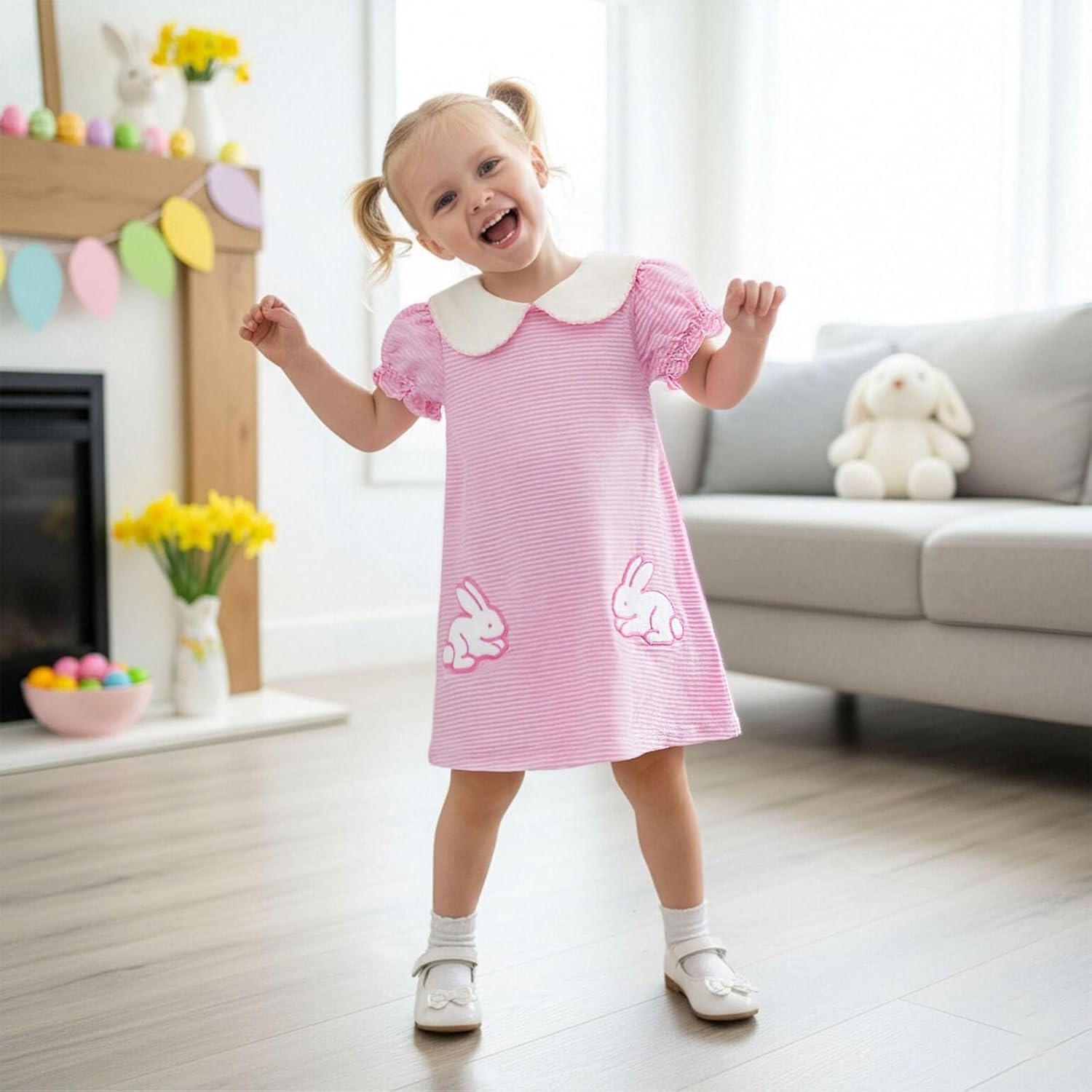 Toddler Baby Girl Easter Dress Puff Short Sleeve A-line Dresses Bunny Embroidery Outfit Cute Spring Summer Clothes - Image 2